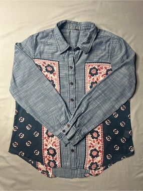 Free People Boho Patchwork Button Up Shirt Blue Floral Size S